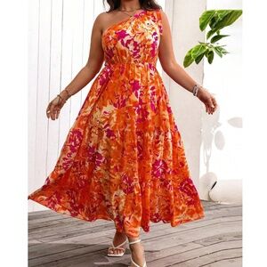 Plus Floral Print One Shoulder Cottagecore Maxi Dress
